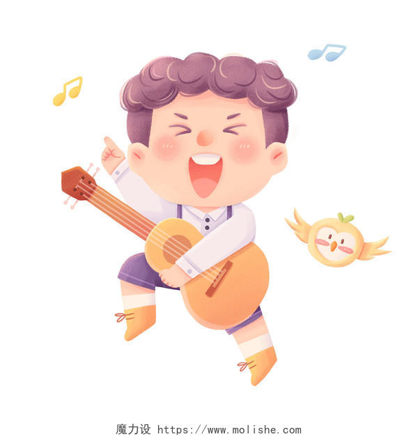 卡通可爱开心弹吉他的男孩快乐治愈PNG素材卡通人物